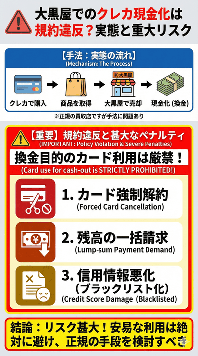 大黒屋でのクレカ現金化は規約違反?実態と重大リスク